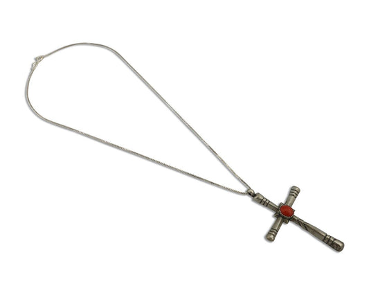 Navajo Cross Pendant 925 Silver Natural Coral Artist Signed De Chelly C.80's
