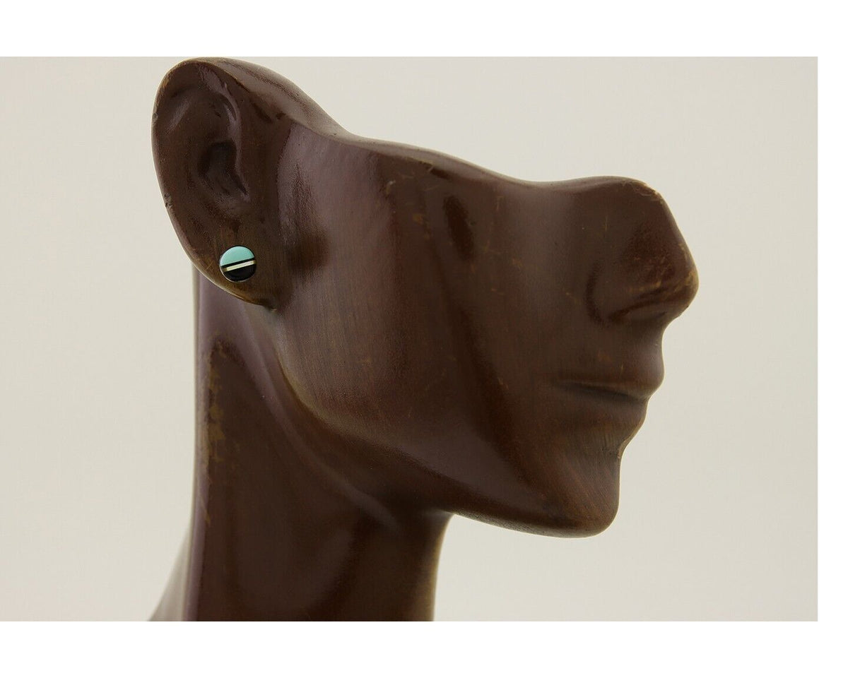 Navajo Earrings 925 Silver Inlaid Natural Onyx & Turquoise Native American C.80s