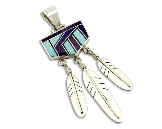 Navajo Signed G. J. Natural Turquoise Sugilite .925 Silver Pendant