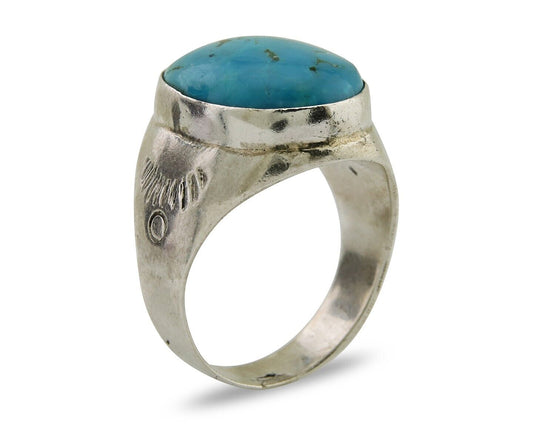 Men Navajo Hand Stamped Ring 925 Silver Arizona Turquoise Artist C.80's