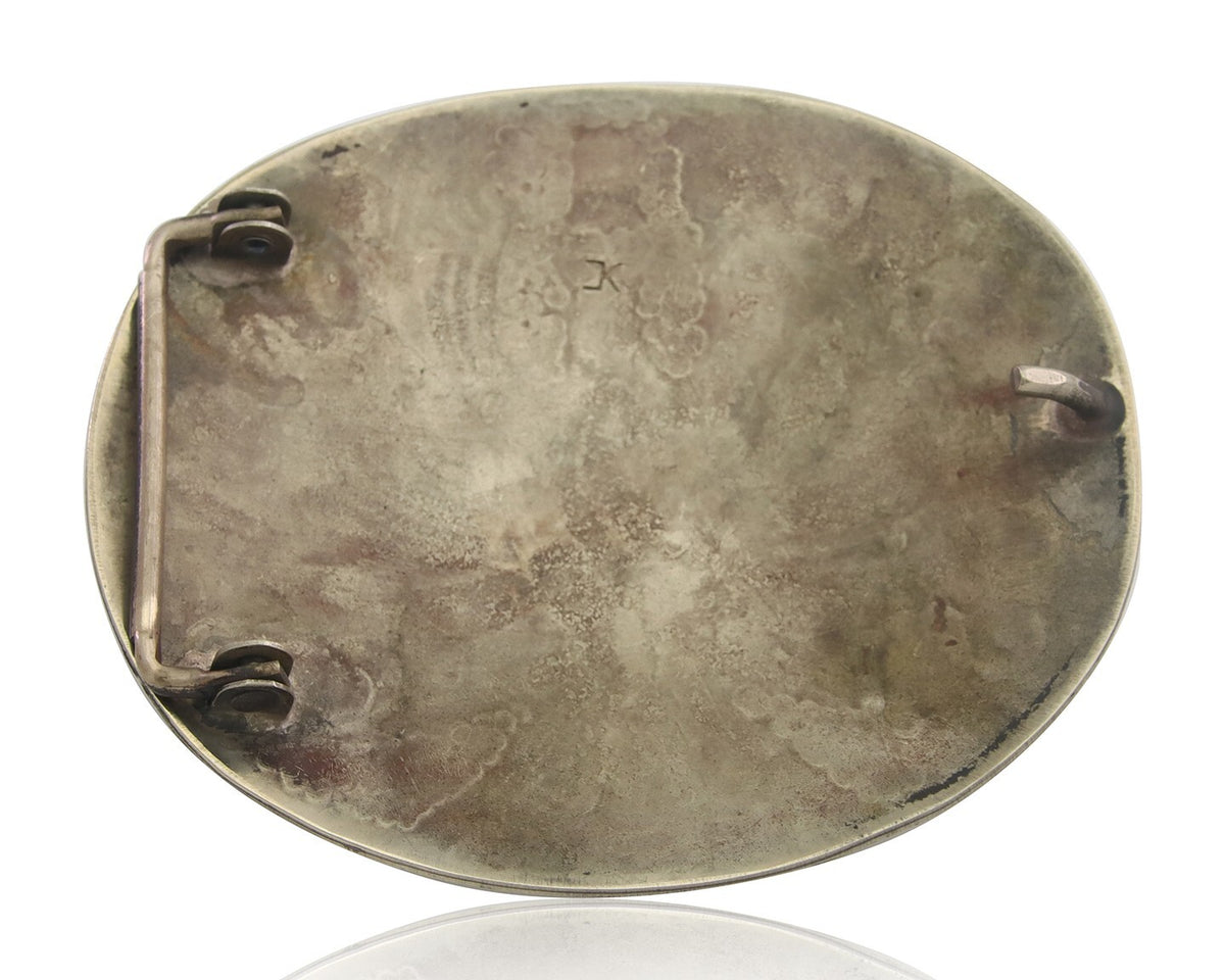 Navajo Belt Buckle .999 Nickel Buffalo Gemstone Signed Chee Keams 3x3.5 in C.80s