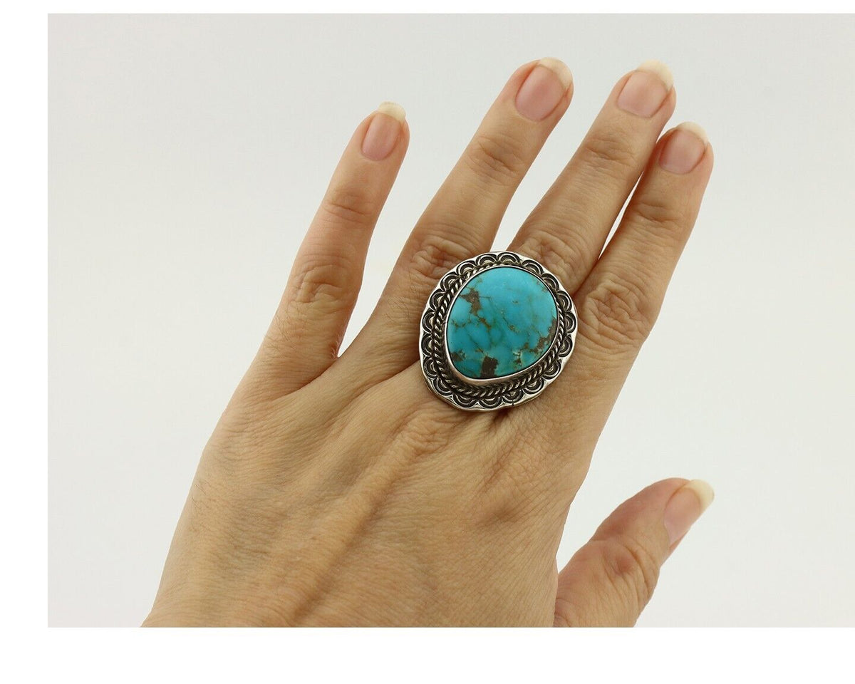 Navajo Ring 925 Silver Natural Turquoise Native Artist Signed KH C.80's