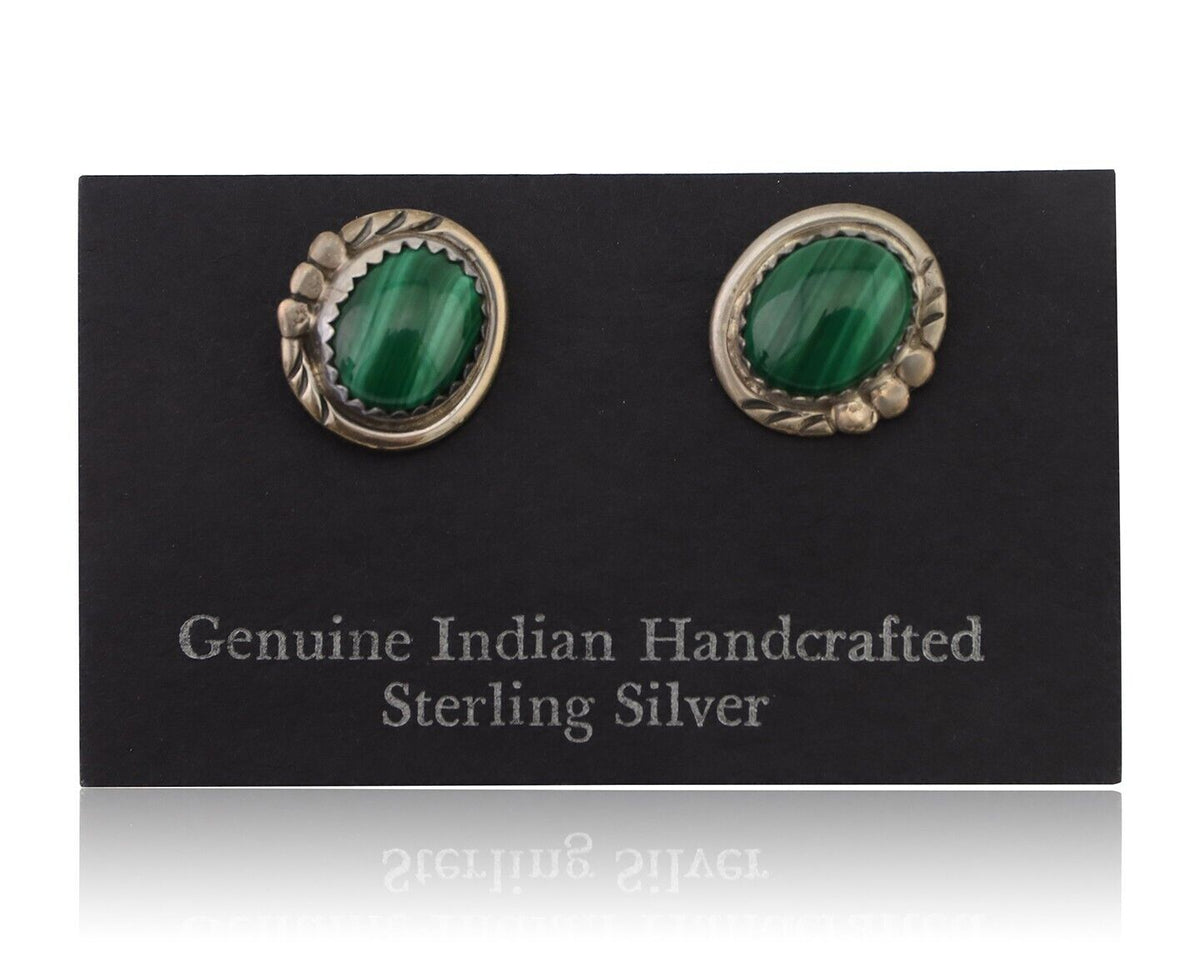 Navajo Earrings 925 Silver Natural Malachite Native American Artist C.80's
