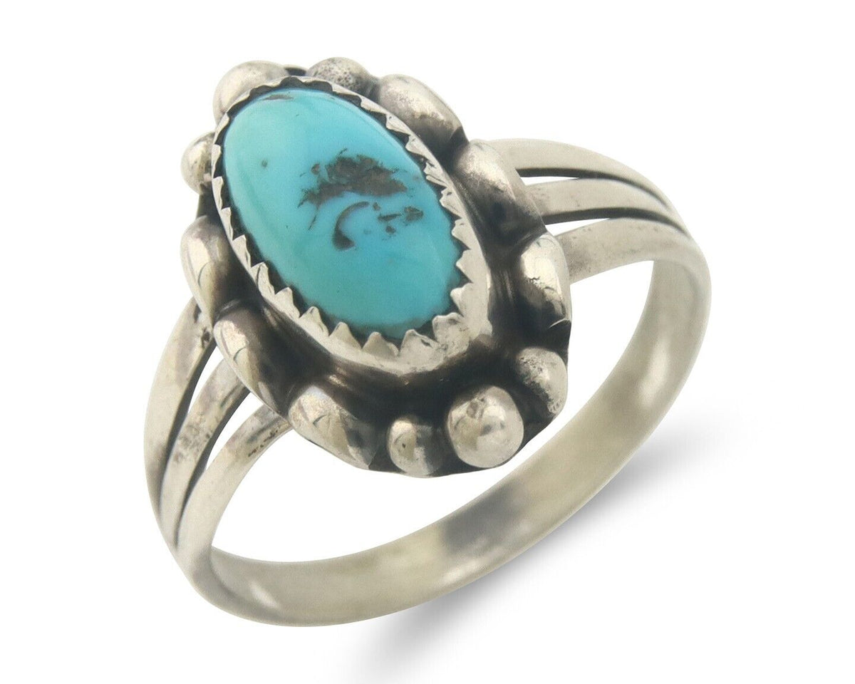 Navajo Ring 925 Sterling Natural Turquoise Native Artist C.80's Size 7.5
