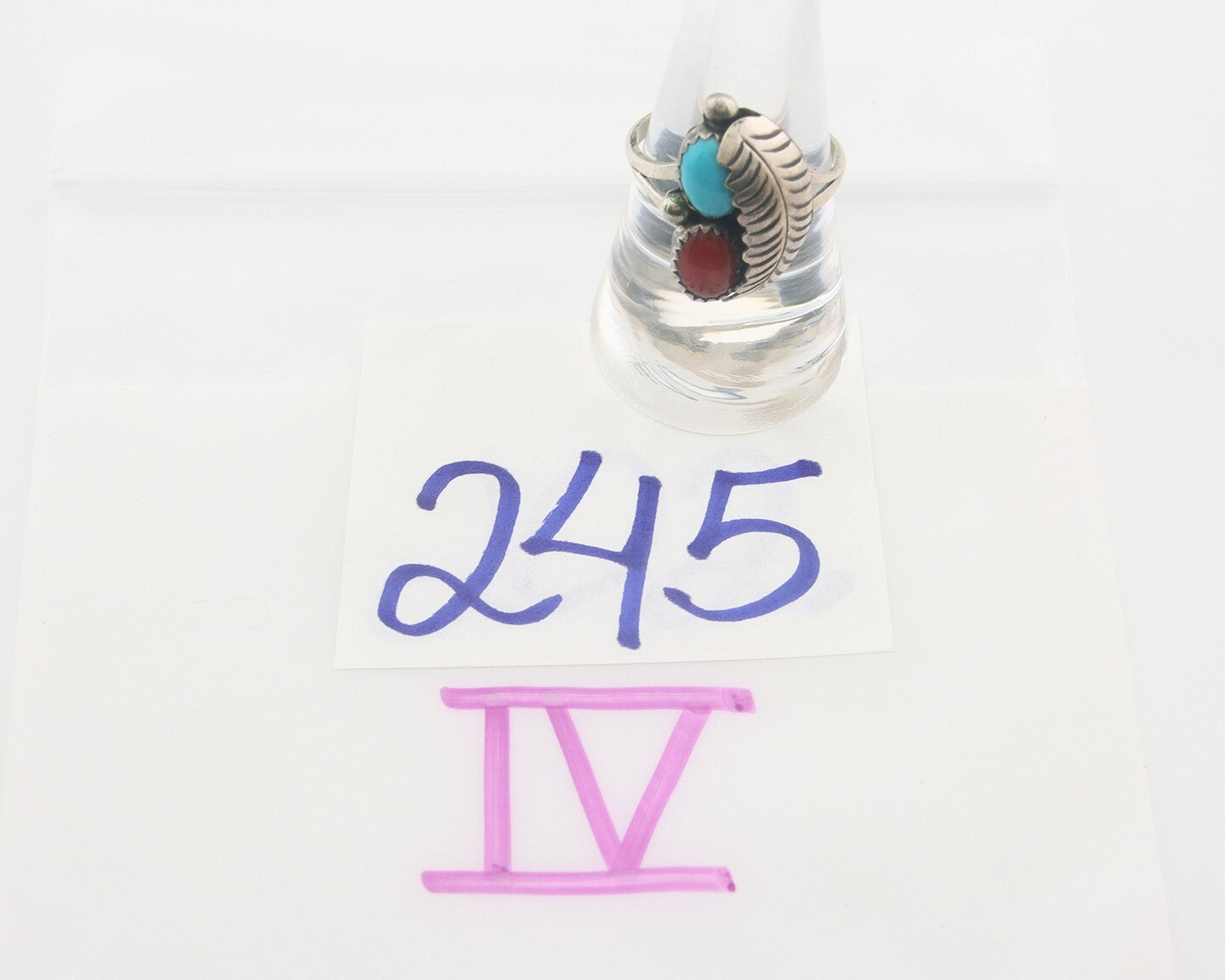 Navajo Ring 925 Sterling Natural Coral & Turquoise Signed BB C.80's Size 8.75