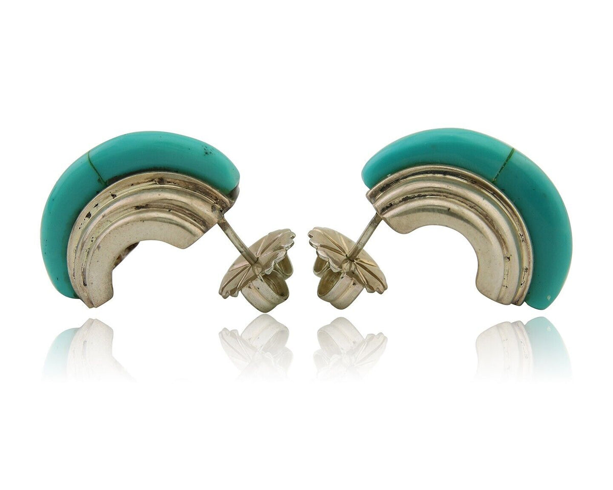 Navajo Half Hoop Earrings 925 Silver Natural Turquoise Artist Signed ShaRay C80s