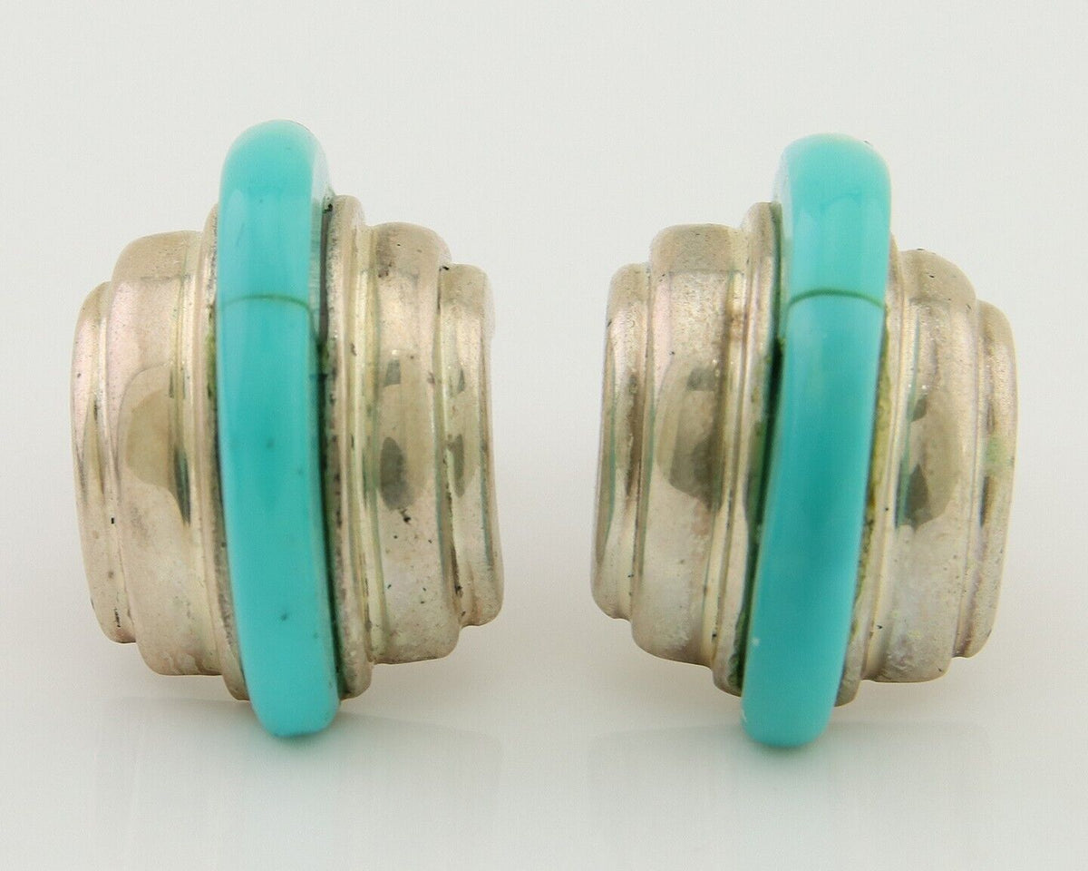Navajo Half Hoop Earrings 925 Silver Natural Turquoise Artist Signed ShaRay C80s