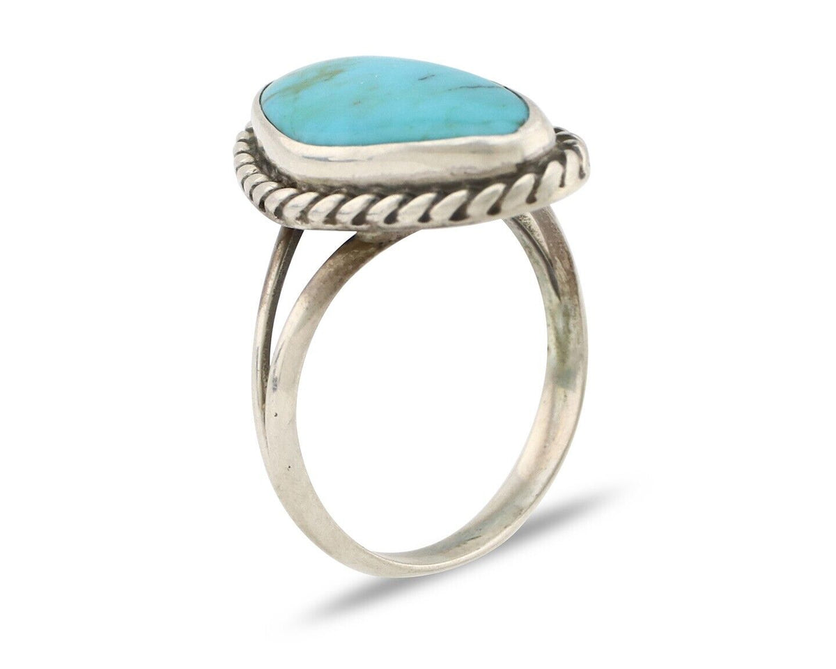Navajo Ring 925 Silver Natural Turquoise Artist Signed Rabbit Stick C.80's