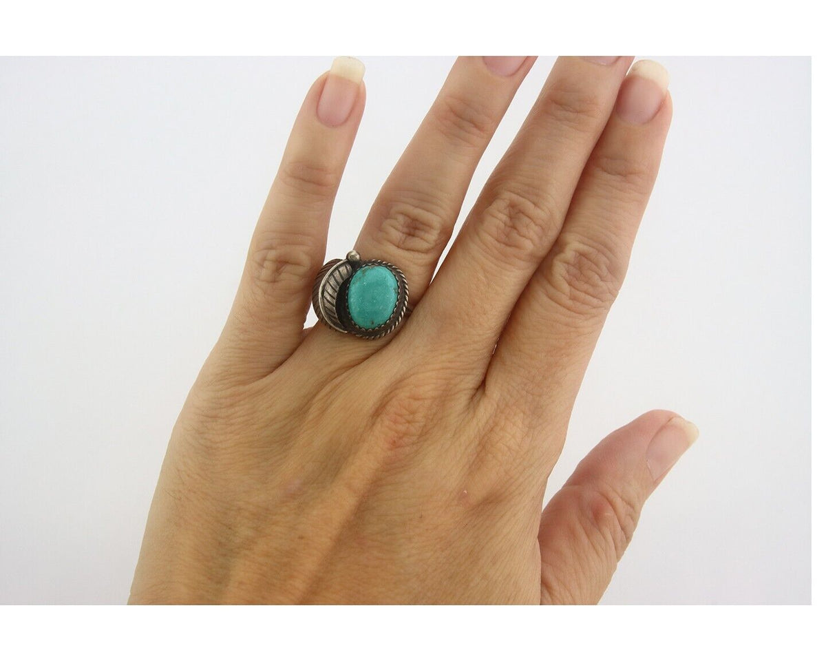 Navajo Ring 925 Sterling Natural Turquoise Native Artist C.80's Size 5.0