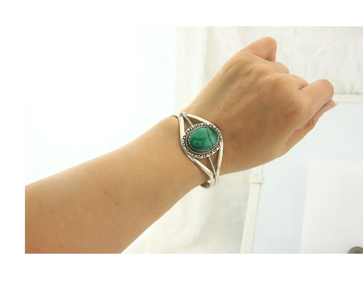Navajo Cuff Bracelet Sterling Silver Natural Malachite Native American Artist