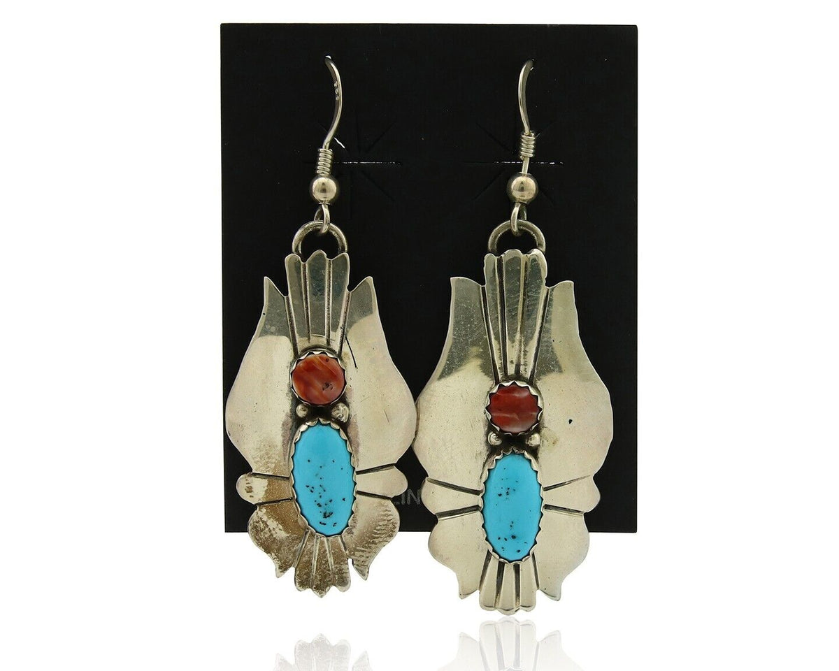 Navajo Earrings 925 Silver Turquoise & Spiney Oyster Native American Artist C80s