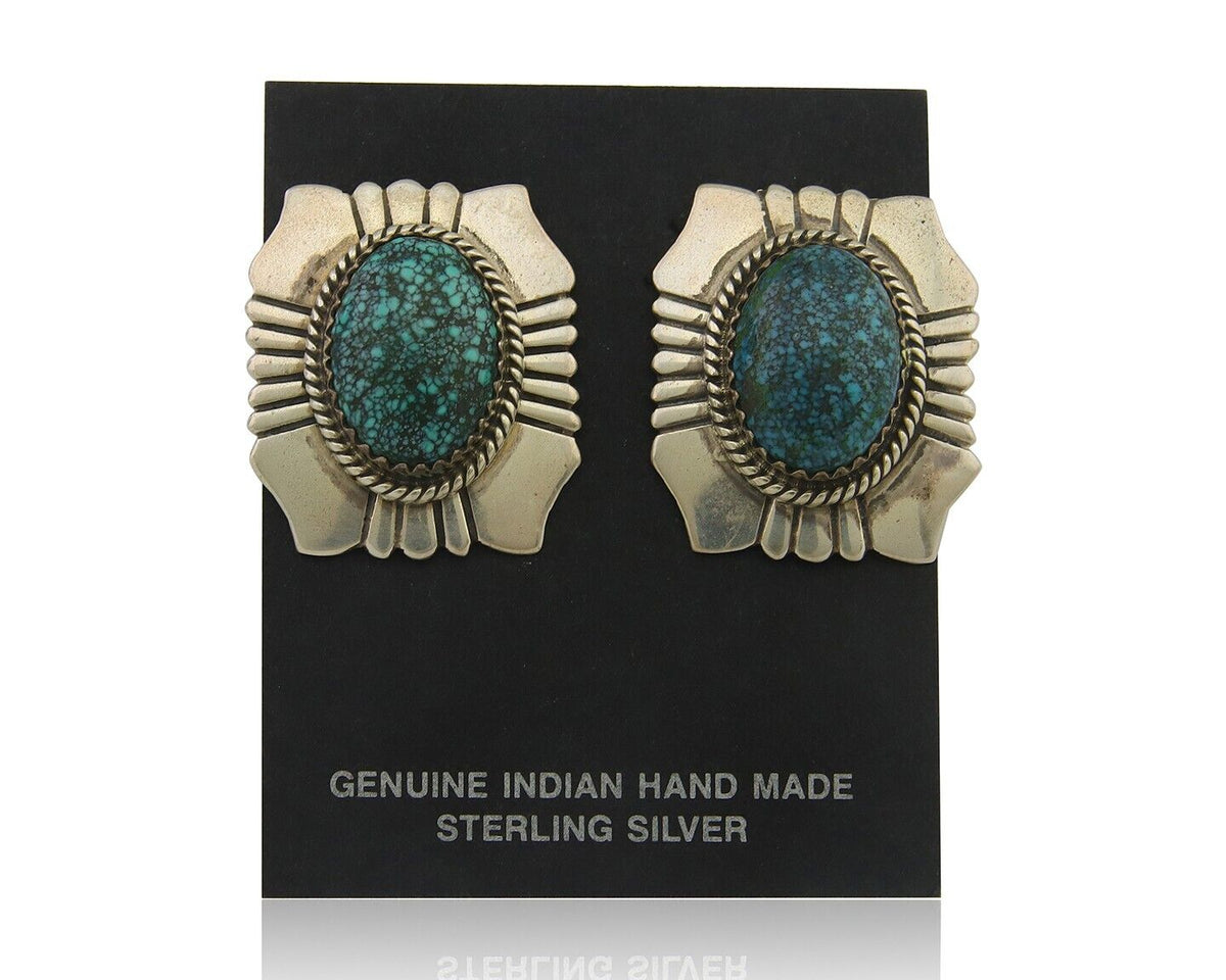 Navajo Earrings 925 Silver Natural Turquoise Artist Signed Running Bear C80s