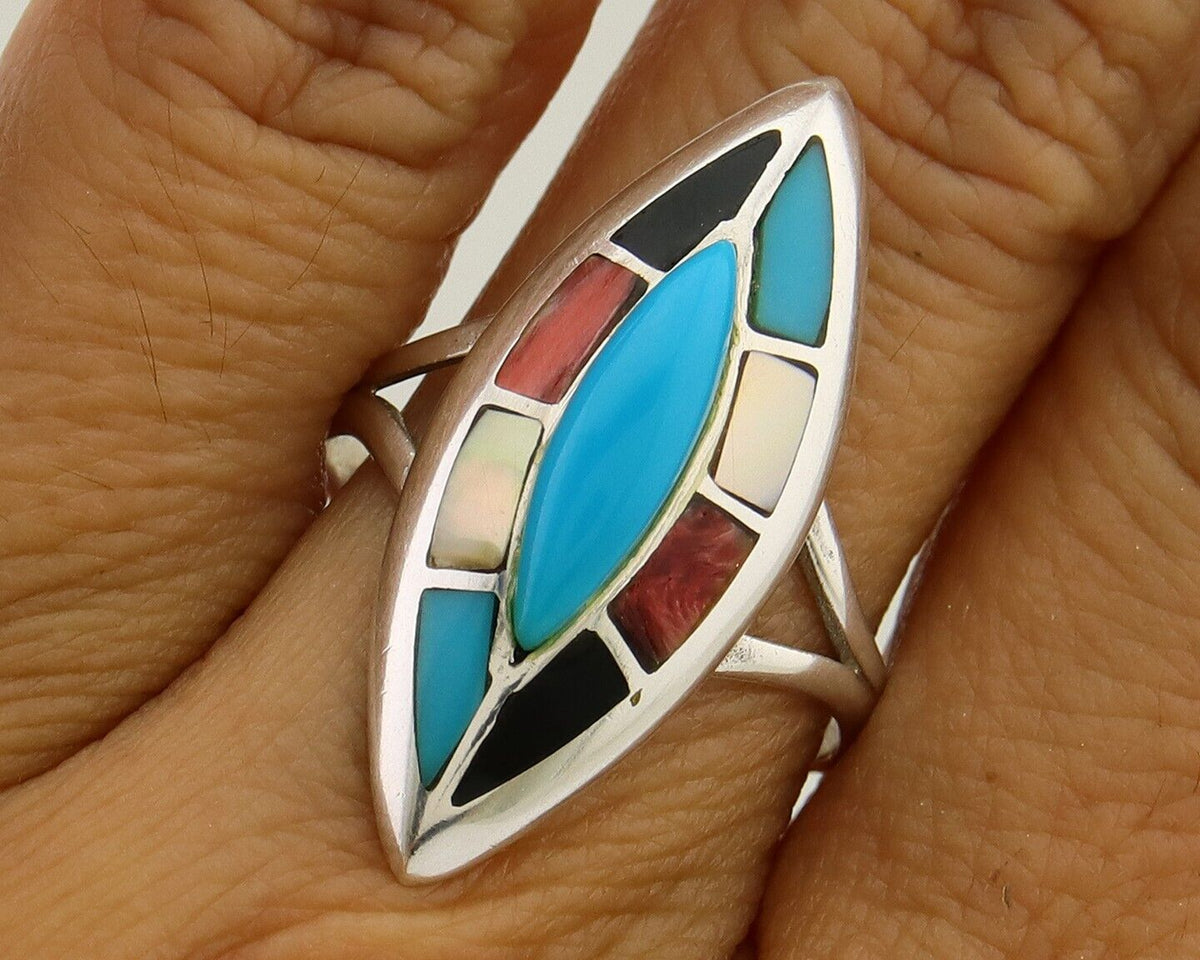 Navajo Ring 925 Silver Turquoise Shell Onyx Spiney Oyster Native Artist C80's
