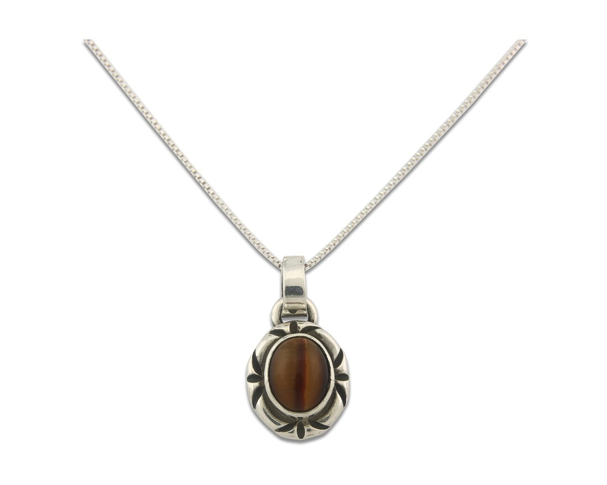 Navajo Sterling Silver Necklace Authentic Tiger Eye Sapphire Vintage Handmade