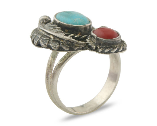 Navajo Ring 925 Sterling Natural Coral & Turquoise Native Artist C.80's Size 7.0