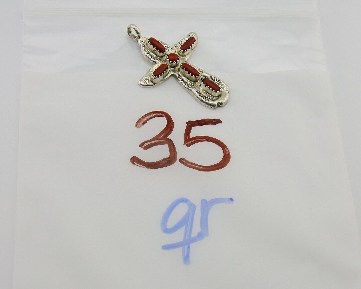 Zuni Cross Pendant 925 Silver Mediterranean Coral Signed W Iule C.80s