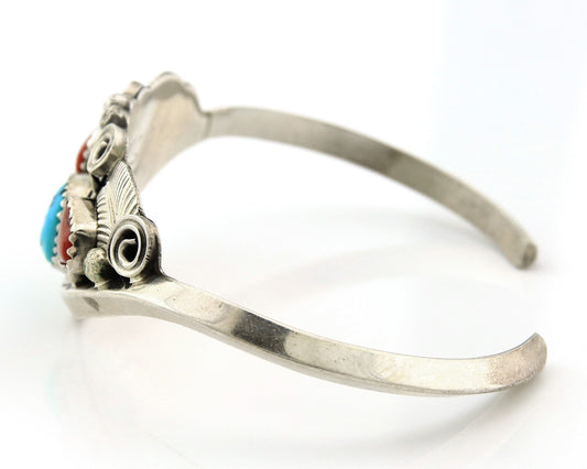 Navajo Cuff Bracelet Sterling Silver Natural Coral Turquoise Sign Justin Morris