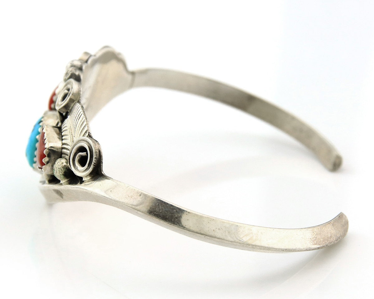 Navajo Cuff Bracelet Sterling Silver Natural Coral Turquoise Sign Justin Morris