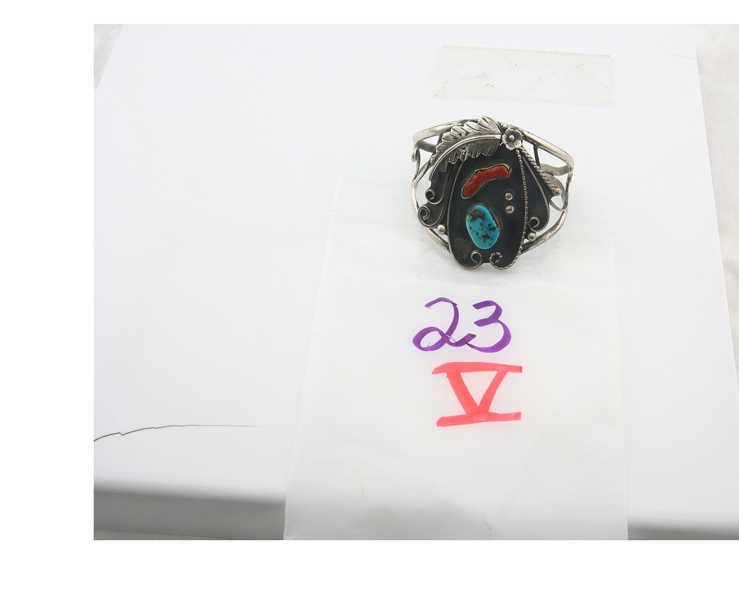 Navajo Bracelet 925 Silver Inlaid Coral & Turquoise Cuff Artist Signed CJ C.80's