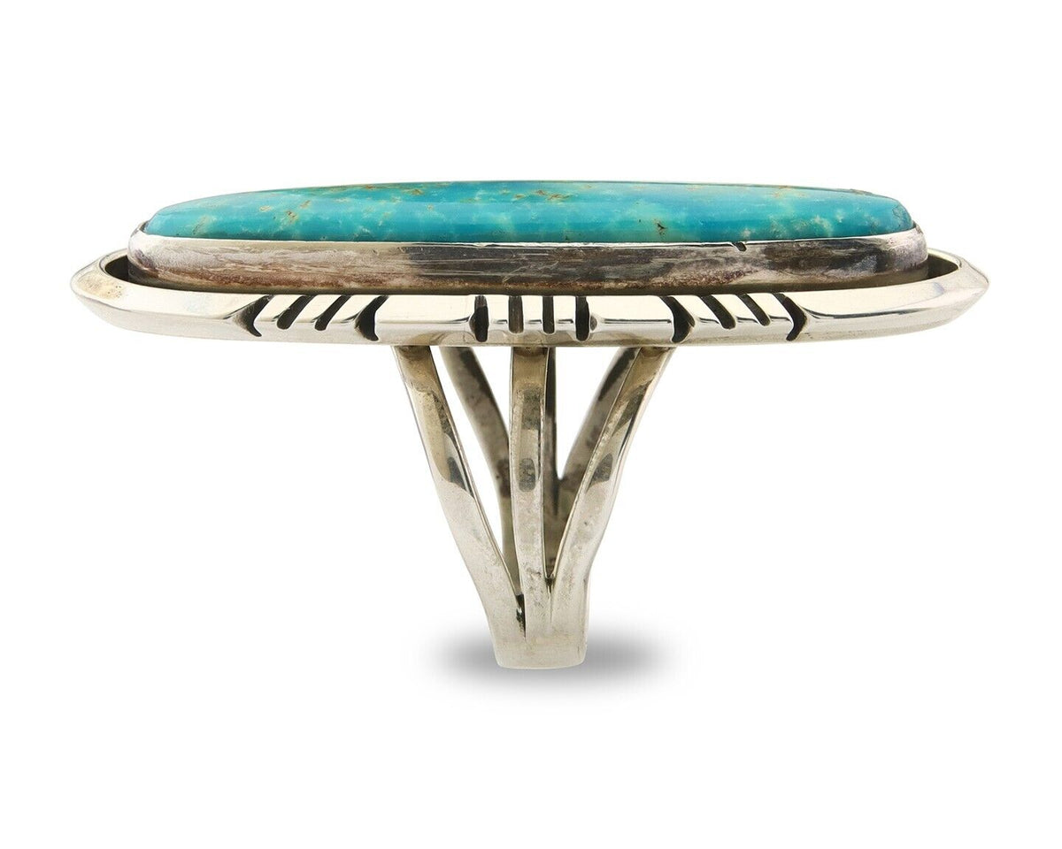 Navajo Ring 925 Sterling Natural Mined Turquoise Signed USA C.80's Size 7.5