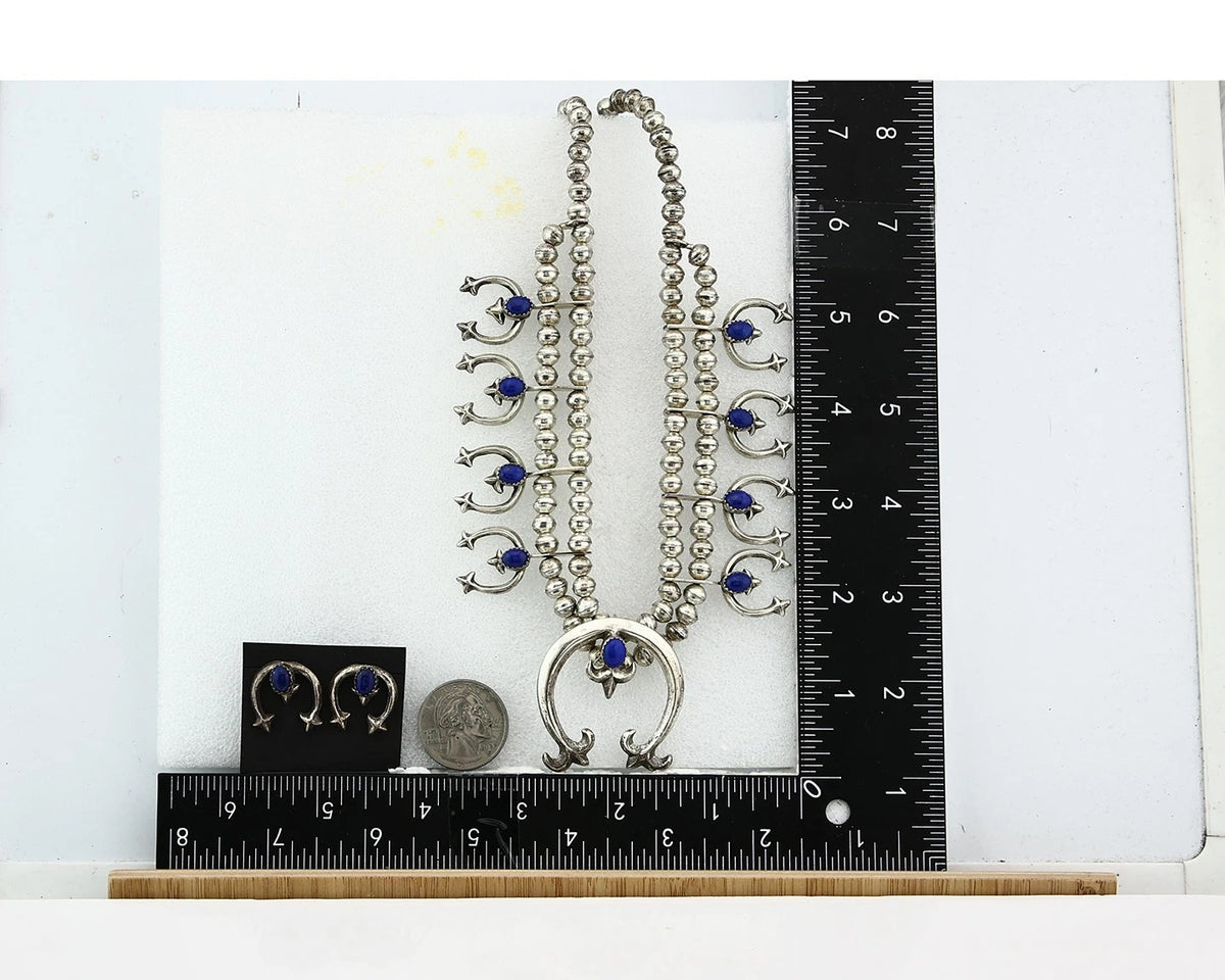 Navajo Squash Necklace Earring Set Sterling Silver Lapis Vintage C.80's