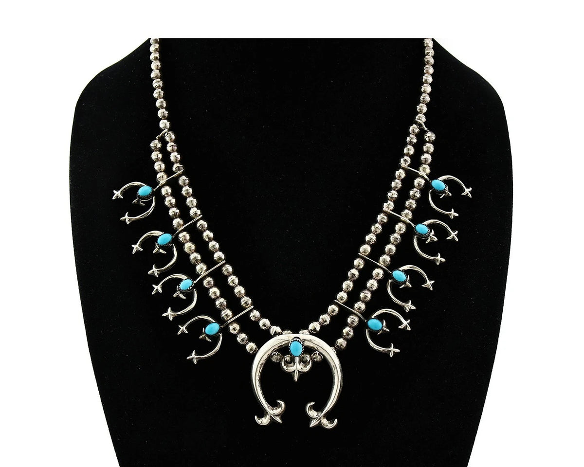 Navajo Squash Necklace Earring Set Sterling Silver Turquoise Vintage C.80's