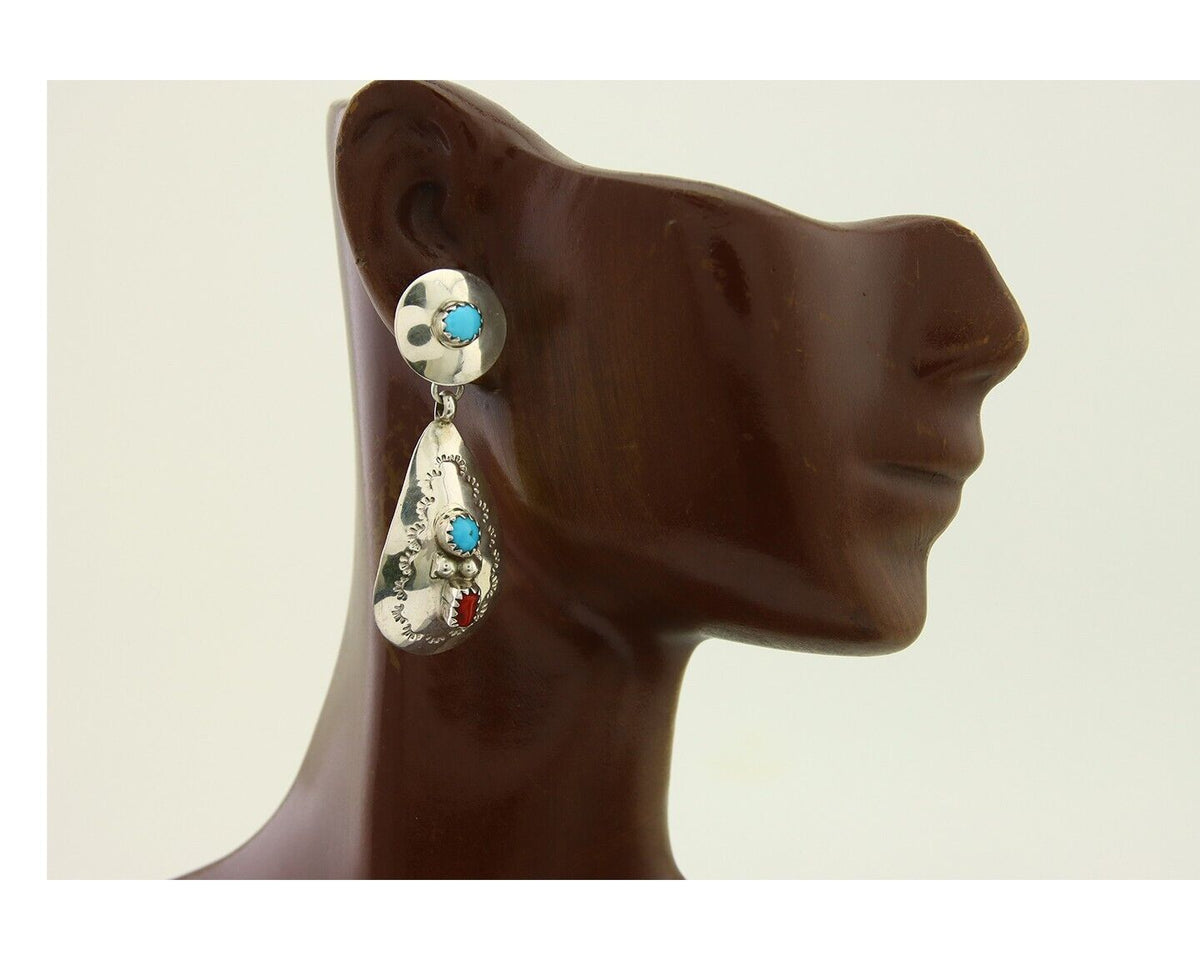 Navajo Earrings 925 Silver Turquoise & Coral Artist Signed Leeann Lee C.80's