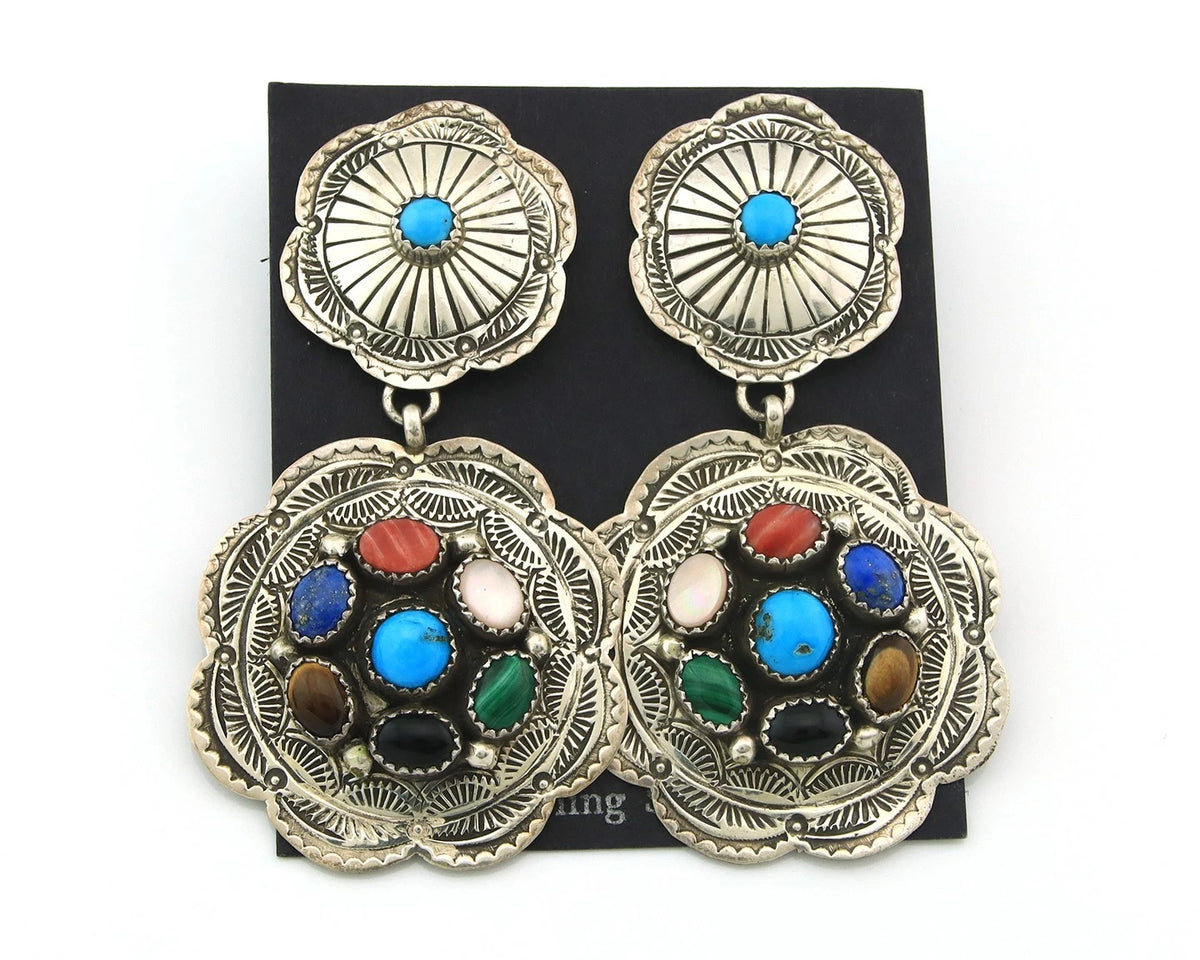 Navajo Concho Earrings Sterling Silver Natural Gemstones Vintage Handmade