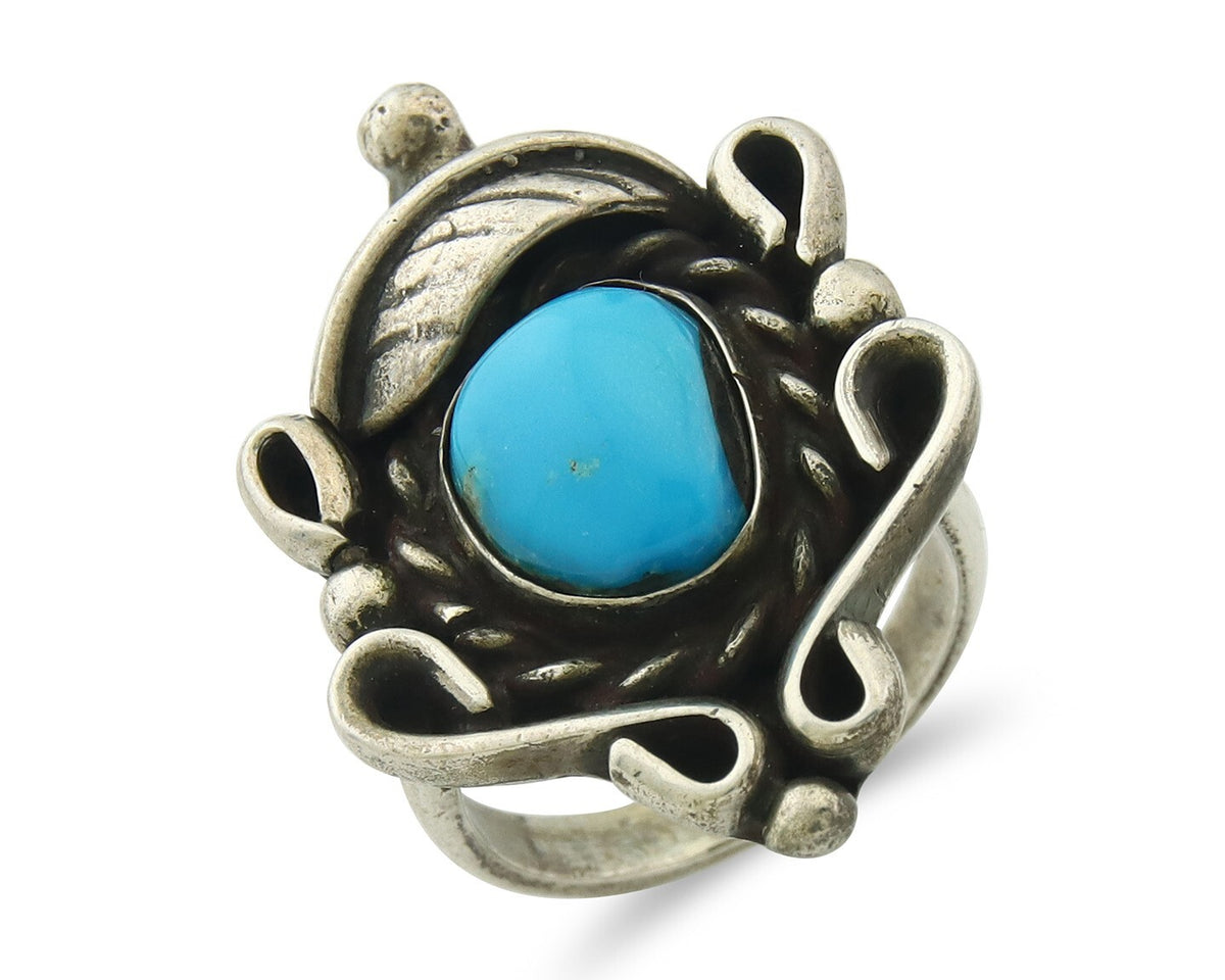 Traditional Navajo Ring Sterling Silver Authentic Turquoise Signed JM Size 6.75
