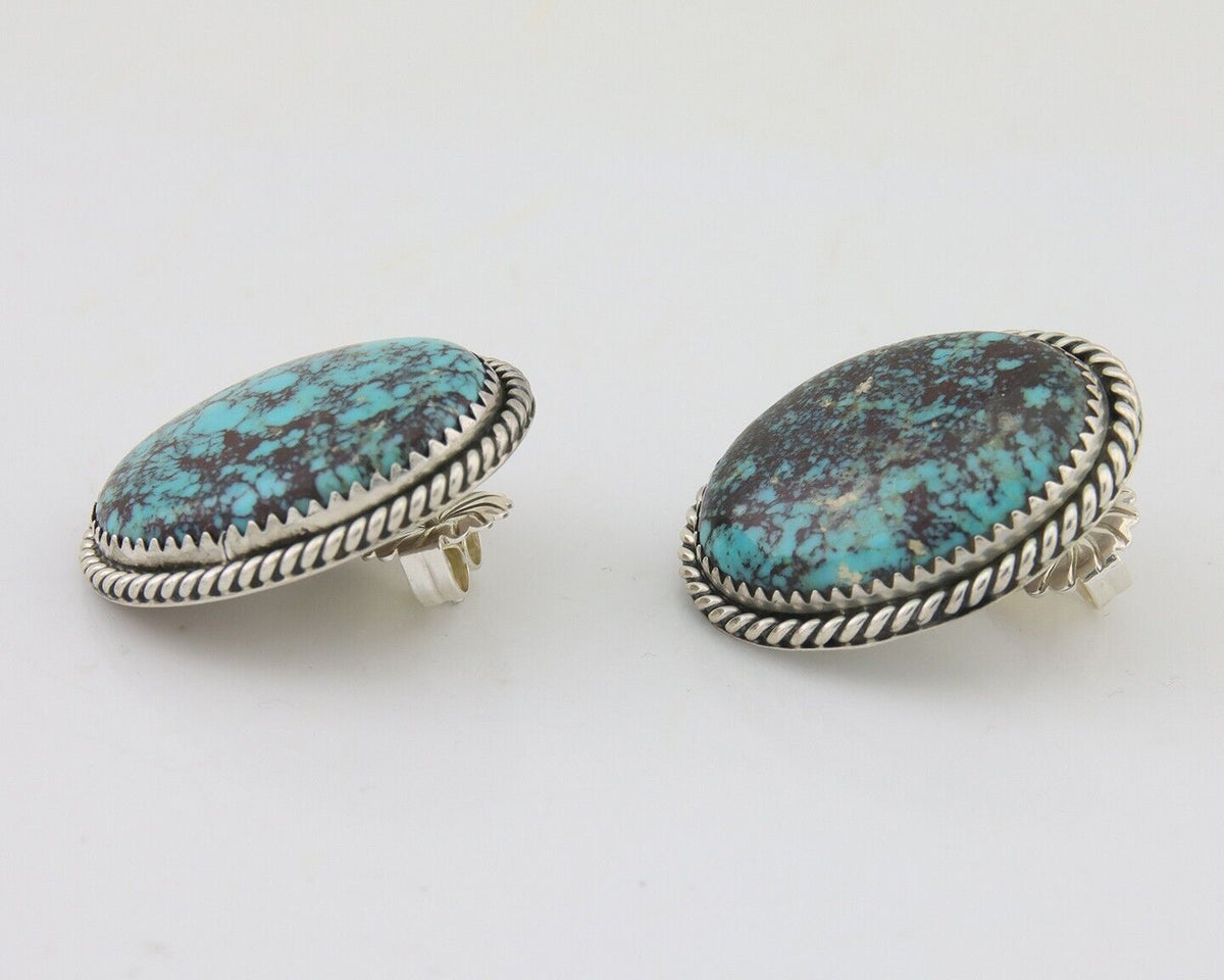 Navajo Earrings 925 Silver Blue Diamond Turquoise Signed Running Bear C.80's