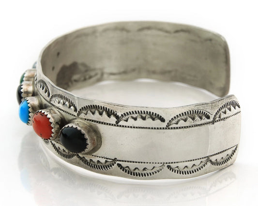 Men Navajo Cuff Bracelet Sterling Silver Natural Gemstone Vintage Signed LB