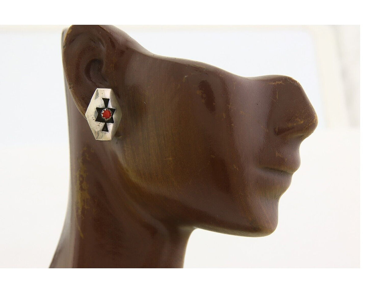 Navajo Earrings 925 Silver Natural Coral Native American Artist C.80's