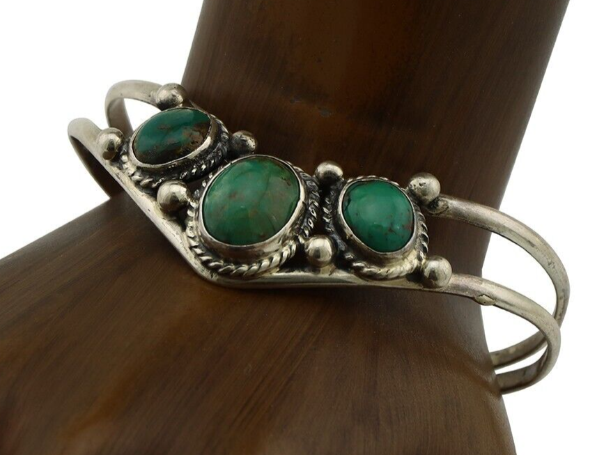 Navajo Bracelet 925 Silver Natural Green Turquoise Artist Signed MC C.80's
