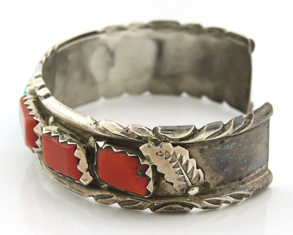 Zuni Cuff Bracelet Sterling Silver Natural Coral & Turquoise Signed Cheama