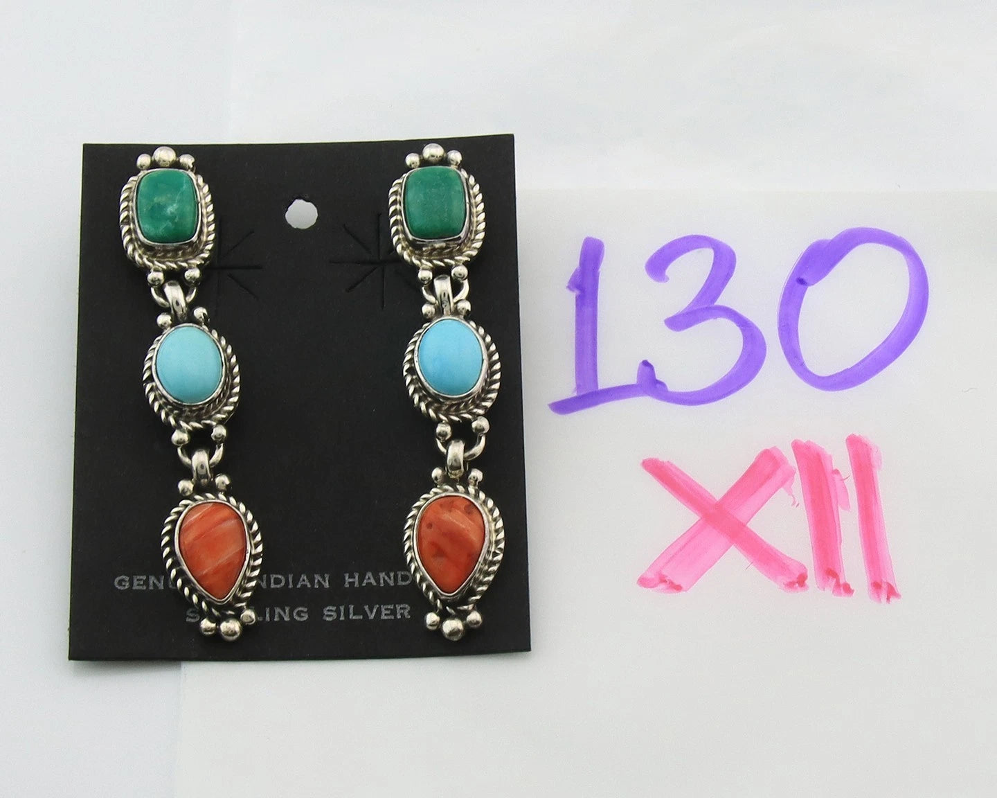 Navajo Dangle Earrings Sterling Silver Natural Gemstone Native Signed S
