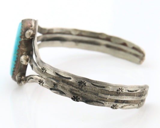Navajo Bracelet Sterling Silver Turquoise Hand Stamped Native American Artist