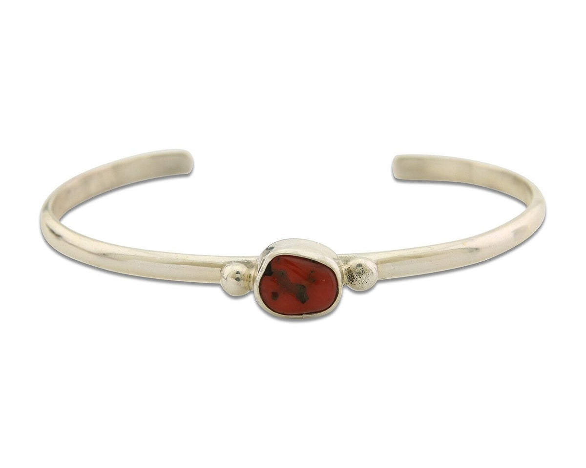 Navajo Bracelet .925 Silver Mediterranean Red Coral Cuff Native Artist C.80's
