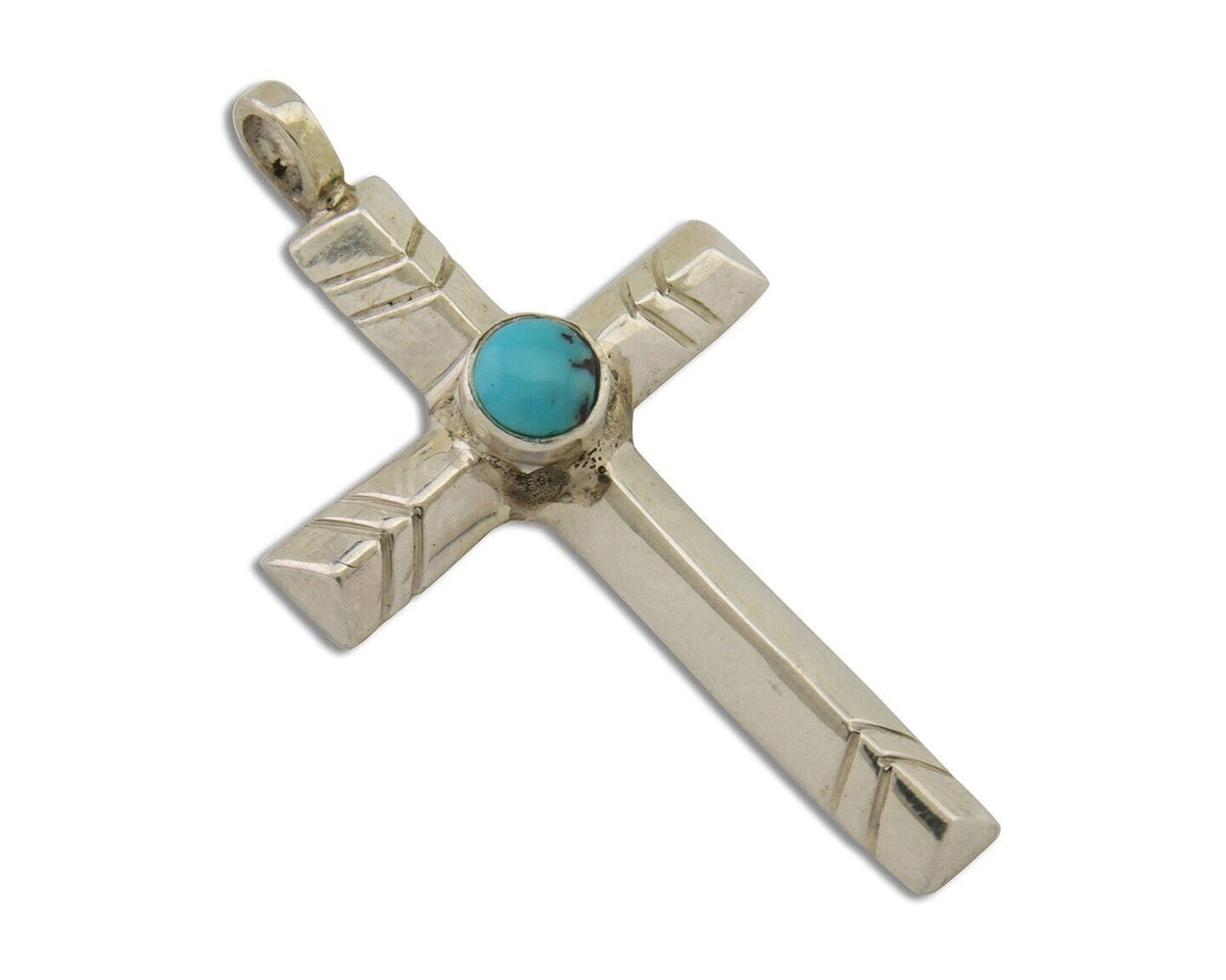 Navajo Sand Cast Cross Pendant 925 Silver Turquoise Artist Signed J Yazzie C.80s