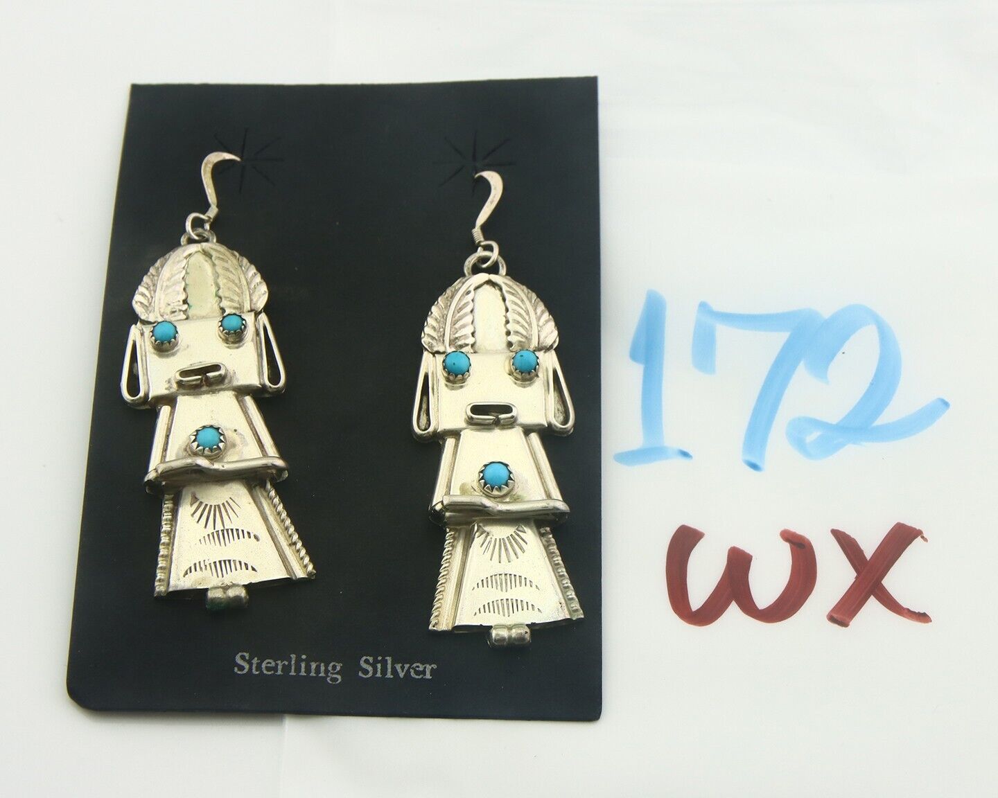 Navajo Earrings 925 Silver Kachina Natural Turquoise Signed Frank Yazzie C.80's