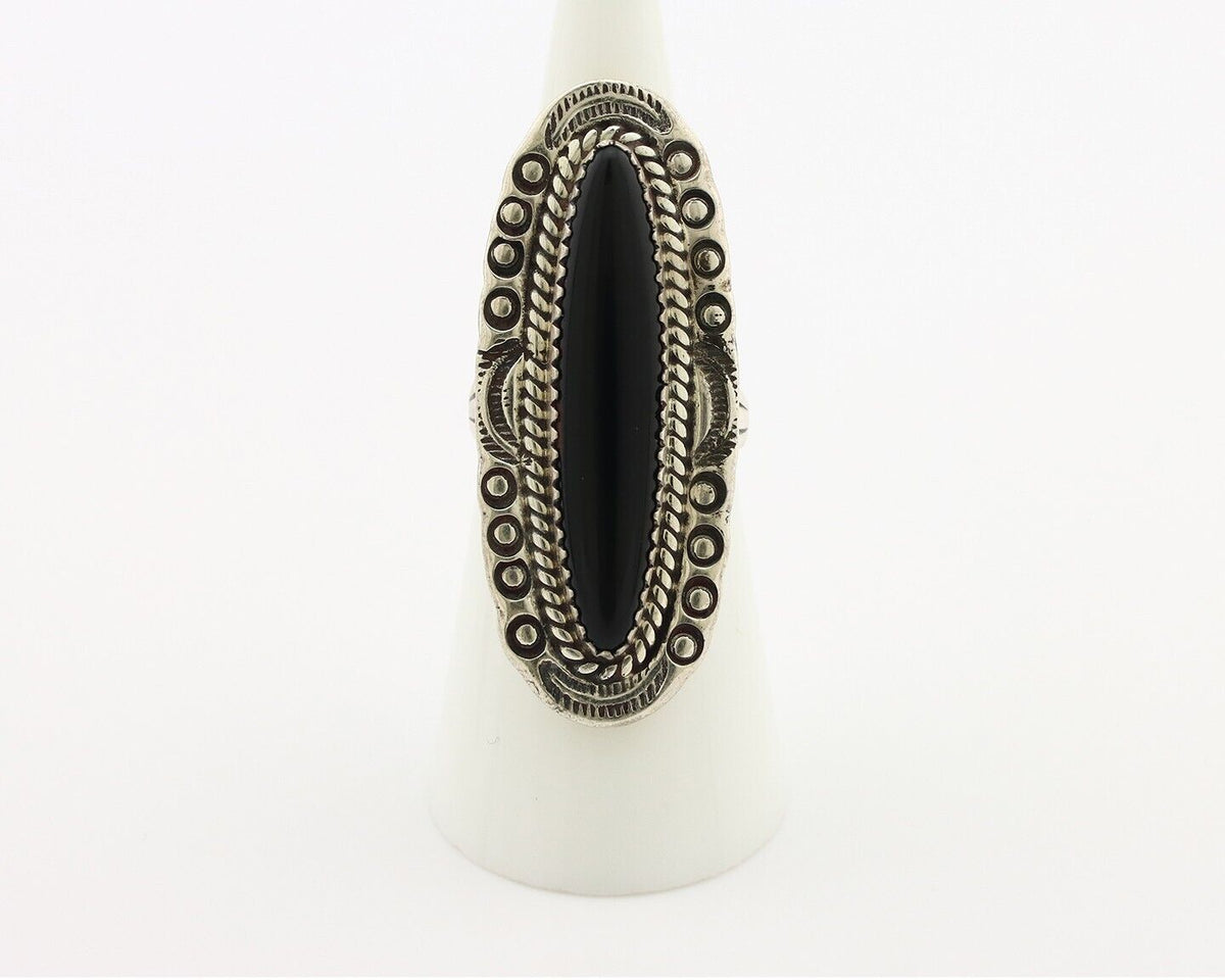 Navajo Ring 925 Silver Onyx Hand Stamped Native American Artist C.80's