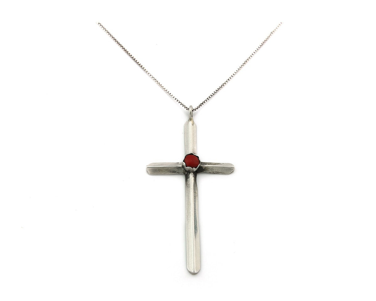 Navajo Cross Necklace Sterling Silver Snake Eye Coral Authentic Native Artist