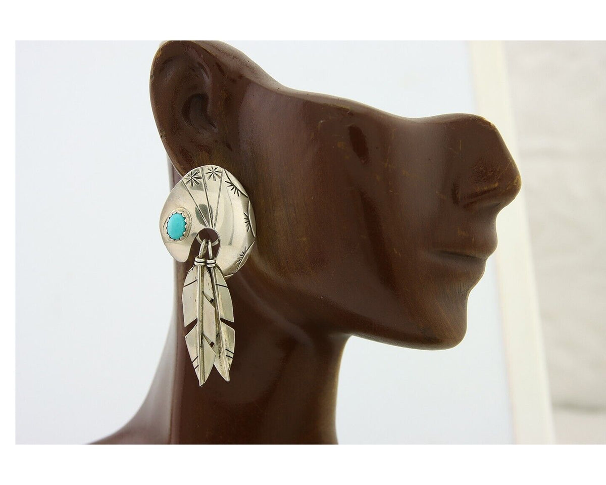 Navajo Earrings 925 Silver Handmade Natural Turquoise Signed JAC C.80s