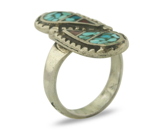 Vintage Navajo Ring 925 Sterling Turquoise & Coral Signed USA Size 4.75