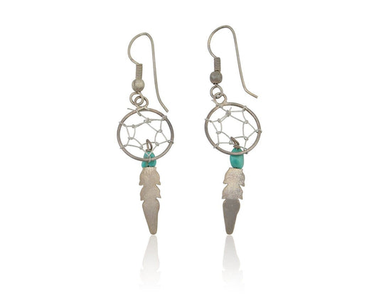 Navajo Dangle Dream Catcher Earrings 925 Silver Blue Turquoise Native Artist C80