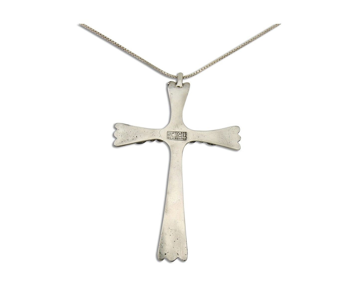 Navajo Sand Cast Cross Pendant 925 Silver Turquoise Signed RJ SILVERSMITHS C.80s