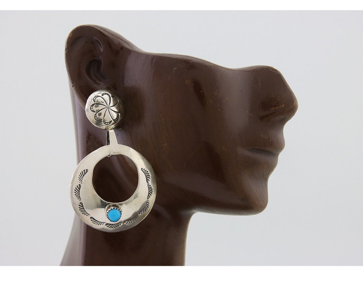Navajo Dangle Earrings 925 Silver Natural Turquoise Native American Artist C80s