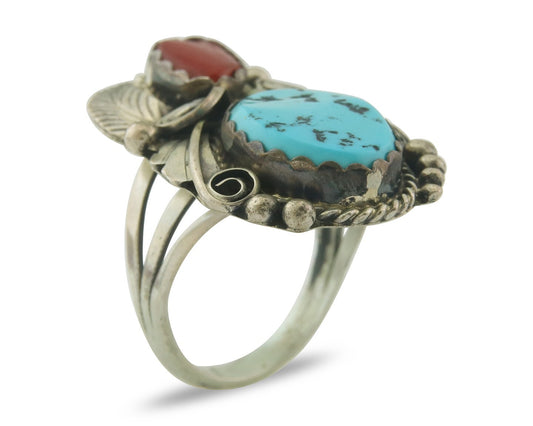 Navajo Ring 925 Sterling Natural Coral & Turquoise Signed JM C.80's Size 9.0