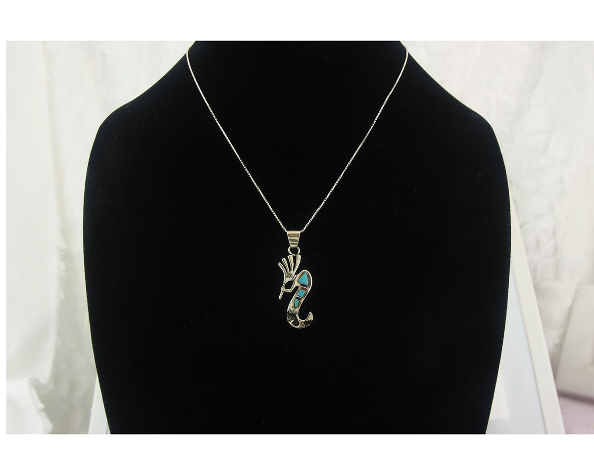 Navajo Kokopelli Necklace Sterling Silver Natural Gemstone Vintage Signed Paw