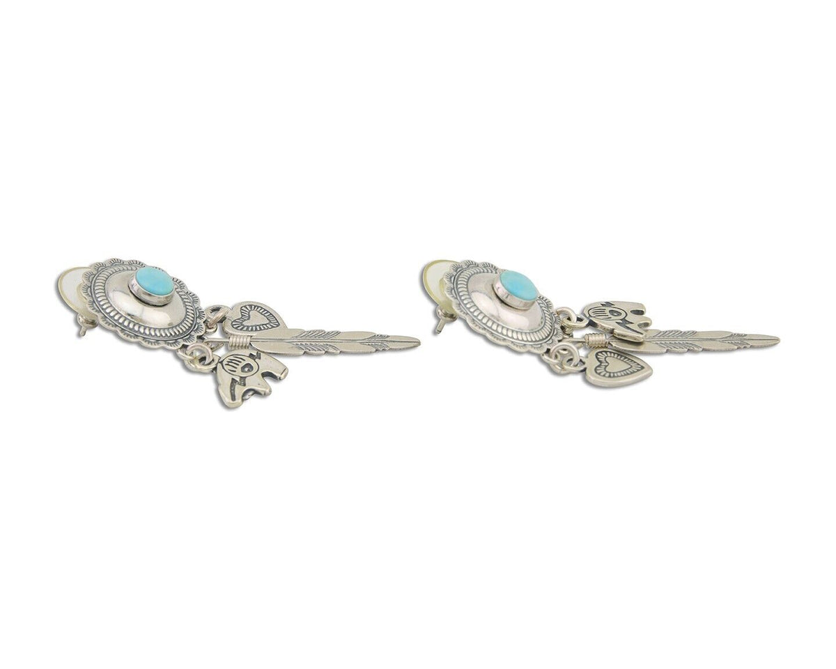 Navajo Concho Dangle Bear Feather Heart Earrings 925 Silver Natural Turquoise