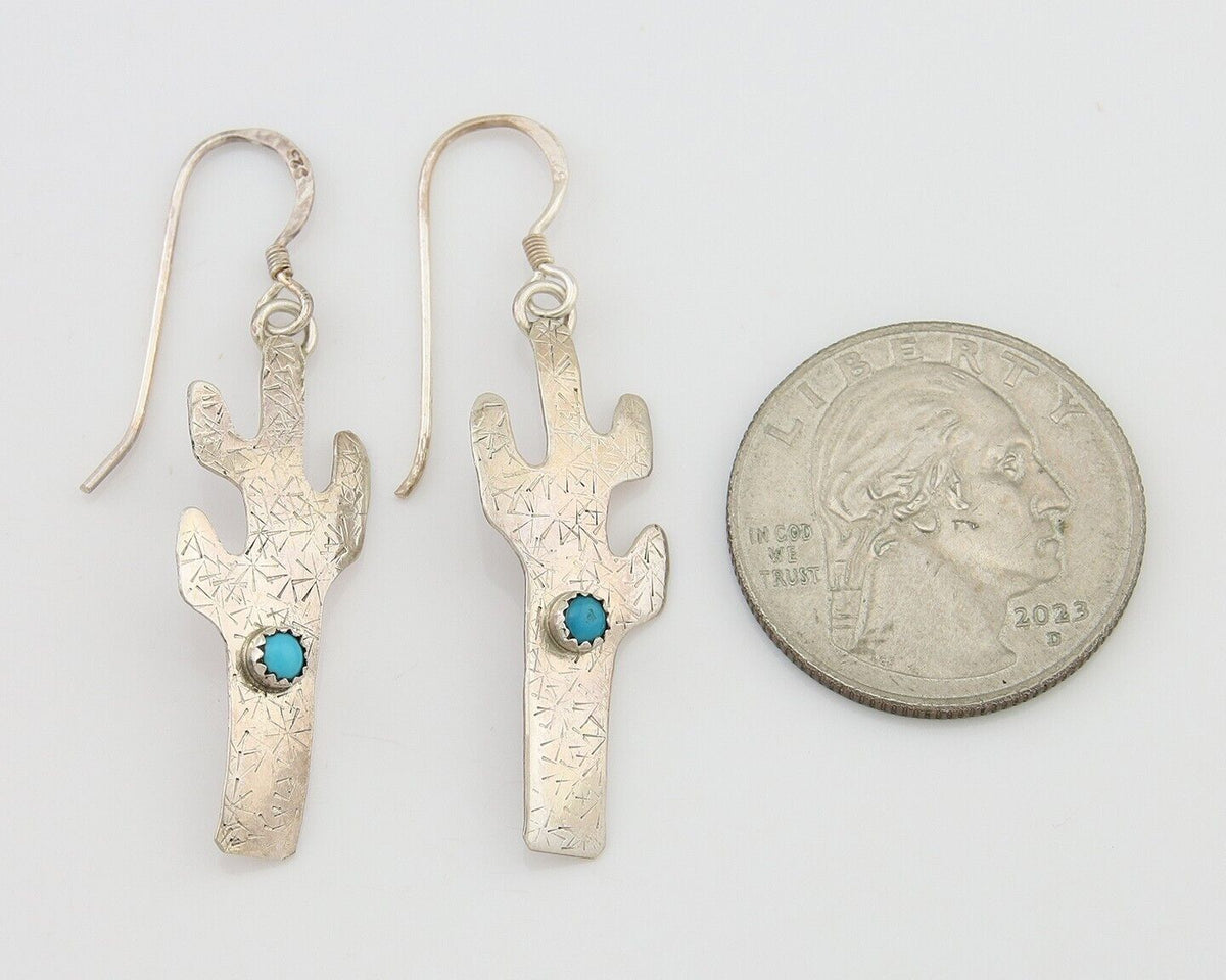 Navajo Handmade Cactus Earrings 925 Silver Natural Turquoise Native Artist C.80s
